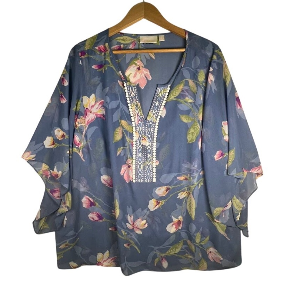 Plus Size 2X Boho Floral Blouse Sheer Flowy Tunic Embroidered Blue Top
